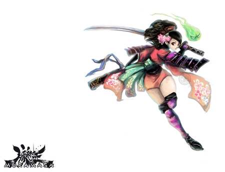 Momohime - oboro muramasa, weapons, long hair, shinobi, solo, momohime, katana, brown eyes, white background, sword, kimono, armour, ninja, black hair, thigh highs, games, video games, lone