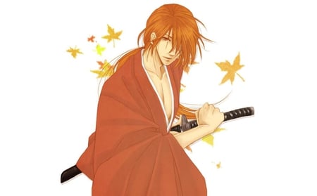 Himura Kenshin - samurai x, anime, himura kenshin, weapons, orange eyes, long hair, leaves, male, solo, katana, kenshin himura, white background, rurouni kenshin, sword, kimono, samurai, kenshin, lone, orange hair