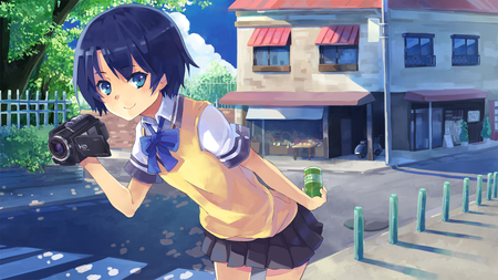 Tanigawa Kanna - handycam, street, drink can, school uniform, tanigawa kanna, city, anime, ano natsu de matteru, short hair, cute