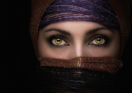 Green Eyes - veil, female, beautiful, eyes, eye, beauty, green eyes, dark, black, arabian, veiled, oriental, model, face, eye brow