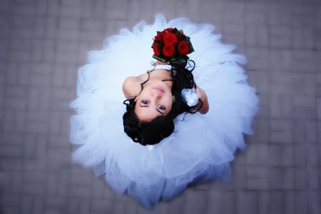 Beautiful bride - beauty, love, wedding, stare, roses, bouquet, white dress, bride, wonderful, face, amazing, happy day, happiness, beautiful girl, marriage, red roses