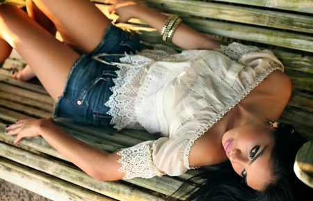 Come back soon - white blouse, legs, thoughts, alone, waiting for you, sad, stare, bracelet, face, jeans, memoties, beautiful girl, beauty, hair, lips, blouse, miss you, shorts