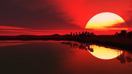 red sun - red skies, lake, palms, sun