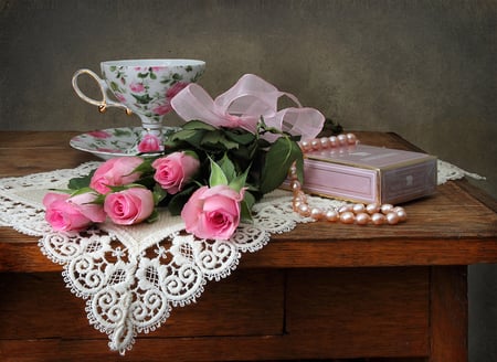 Afternoon tea - pearls, nice, coffee, roses, tea, bouquet, book, lovely, still life, pretty, pink, afternoon, ribbon, flowers