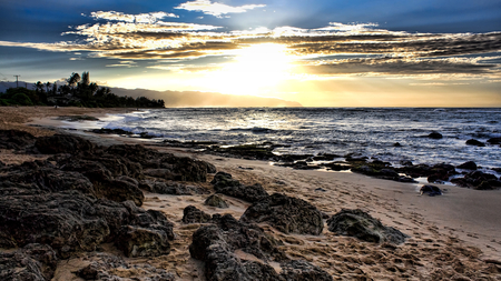 nice sunset on the beach - beach, palms, rocks, sunset