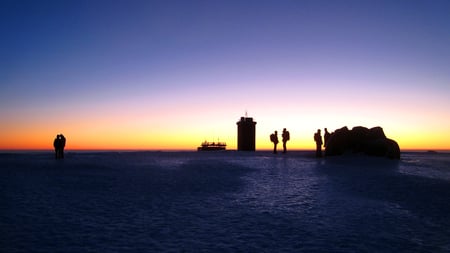 waiting for sunrise - shadows, sunrise, hikers, mountain