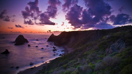 beautiful purple sunset overlook - sunset, cliffs, shore, clouds