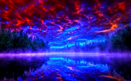 MISTY LAKE - lake, forest, reflection, clouds, fog, mist