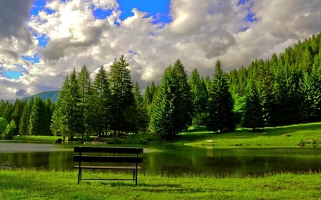 RELAXING SPOT - sky, benches, lake, trees, grass