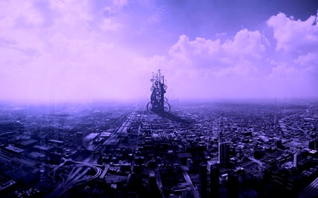 Purple City - clouds, purple, city, sky, building