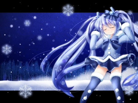 Yuki Miku - aqua, hot, thigh highs, headset, music, thighhighs, anime girl, stockings, white, amazing, art, cool, aqua eyes, artistic, hatsune miku, sexy, skirt, leggings, blue eyes, song, snowflakes, stunning, vocaloids, program, yuki miku, vocaloid, snow, beautiful, uniform, diva, snow miku, beauty, nice, sky, trees, twintail, singer, aqua hair, black, virtual, pretty, clouds, idol, anime, miku, cute, twin tail, girl, cg, hatsune, blue hair, microphone, headphones, blue, yuki, tie, awesome, digital, outfit