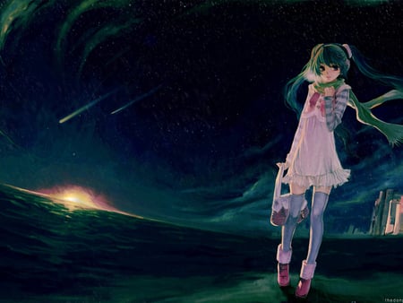 A Cold Winter's Night - sky, vocaloid, sun, anime, miku