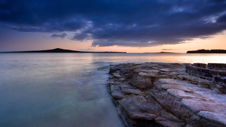 bay before night - bay, wall, shore, island