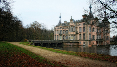 Lake Castle - lake, dirt, water, flanders, road, east, home, castle, belgium, turrets, poeke, classic, house, medieval, towers, grass