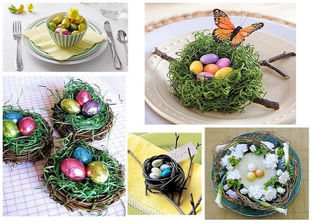 Easter Collage - nests, eggs, silverwear, spoon, yellow, blue, butterly, collage, spring, pink, foil, easter, firk, bowl, rable, red, egg, place settings, branches, setting, colors, colorful, plate, nest, knife, easter eggs, green