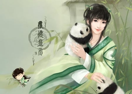 Chinese woman with a panda bear - bear, woman, panda, chinese, young