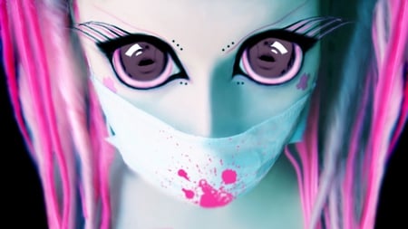 big eyes - white, mask, big eyes, long hair, pink hair