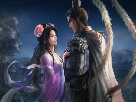 Come home - love, girl, warrior, night, fantasy, art, beautiful, sword, colors, asia