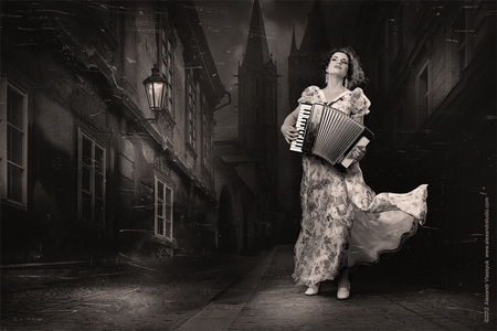 LIFE IS BEAUTIFUL - woman, street, music, night, bw, life, digital art, city, accordion