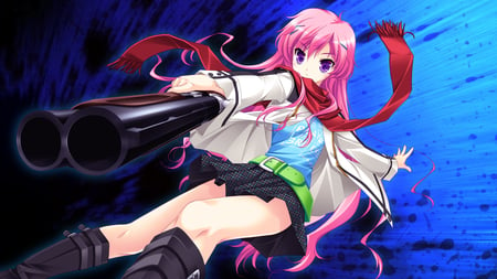 Gread girl - gun, skirt, pink hair, long hair, scarf, shinigami no testament, mukougaoka kana, game cg, makita maki, weapon, purple eyes