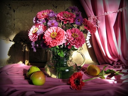 Bold and beautiful - vase, silk, water, beautiful, curtains, table, pink, flowers, apples, nature, purple, fruits, bold