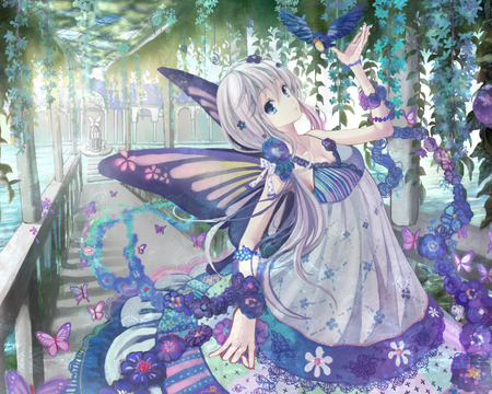 Anko Kinako - butterfly, garden, girl, flower