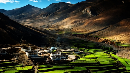 between mountains - village, black mountains, gorge, fields