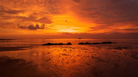 burning seascape - fire, boat, beach, sunset, sea