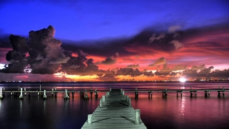 colorful summer sunset - sea, city lights, sunset, pier