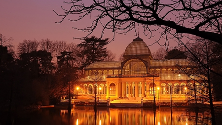 old glass house - lake, glass house, night, lights