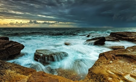 Brewing Storm - storm, nature, waves, forces of nature, rocks, sky