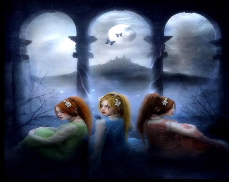 The Three Sisters - storm, girls, moon, window, butterflies, castle