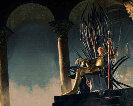 Hail The New King - blood, sword, golden armour, throne