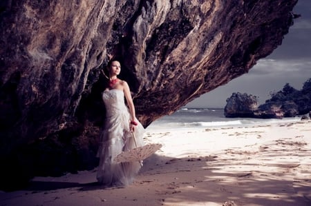 Where are you... - waiting, dreamer, beach, missing you, sand, umbrella, sunny day, water, sea shore, sea, beauty, love, ocean, dreams, white dress, beauiful lady, rocks