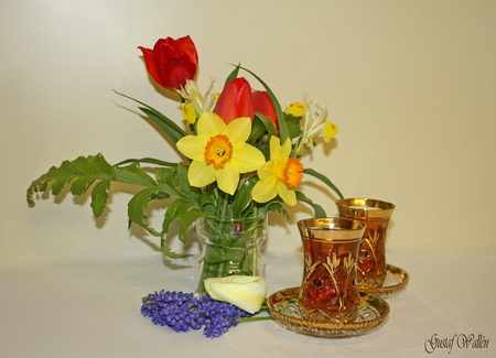 Spring Tea Time - tea time, flowers, still life, spring