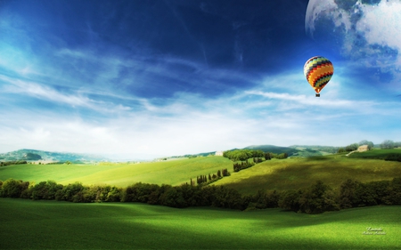 Hot Air Balloon - sky, clouds, field, nature, sun