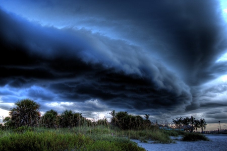 Storm passing over harbor