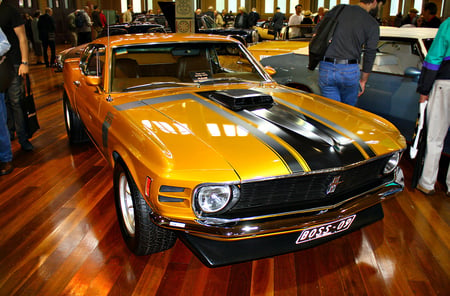 1970 Ford Mustang Boss 302 - black, cars, yellow, 302, boss, 1970, ford, stripes