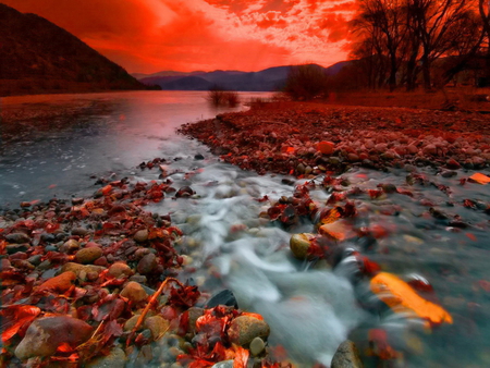 Mountain river - clouds, trees, water, beautiful, evening, stream, reflection, mountain, stones, river, nature, red, sky