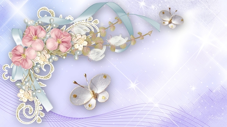 Designed so Sweet - feathers, summer, spring, butterfly, blue, ribbon, flowers, pink flowers, lavender