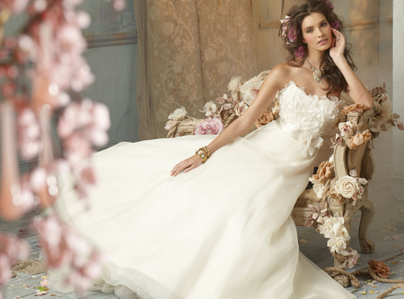 Waiting for my prince... - gown, bracelet, model, beautiful, design, brunette, white, silk, lady, gorgeous, photography, teresa moore, pretty, wedding dress, beauty, flowers, sweet, long dress, bride, satin, fabulous, roses, necklace, stunning, romantic, white dress, jim hjelm