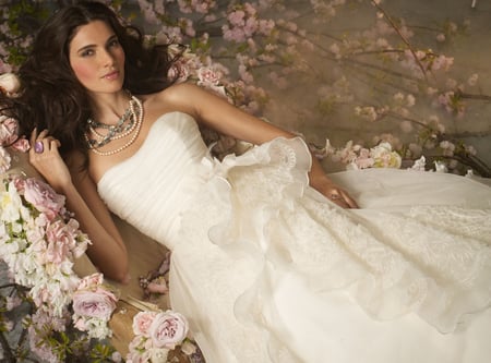 Romantic girl - gown, fantastic, model, beautiful, design, brunette, girl, white, silk, lady, gorgeous, photography, woman, teresa moore, pink, pretty, wedding dress, beauty, flowers, sweet, lace, long dress, bride, satin, fabulous, roses, necklace, stunning, romantic, white dress, jim hjelm