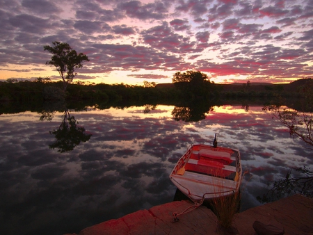 A boat at sunset background - nature, sky, background, trees, clouds, river, sunset, boat