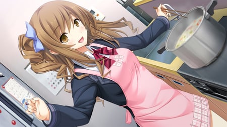 Haruhino Misaki - hotchkiss, misaki, food, cute, cooking, seifuku, brown hair, game cg