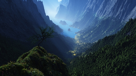 deep valley into fjord - mountains, valley, fjord, forests