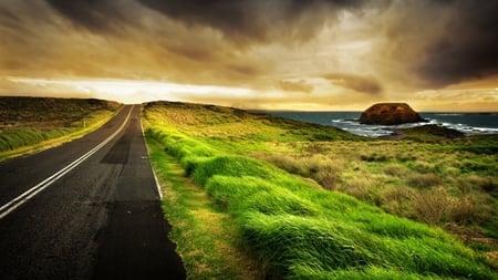 road west by the sea - tan sky, road, sea, grass