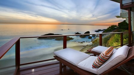 summer chairs on balcony - chairs, beach, sunset, sea, balcony