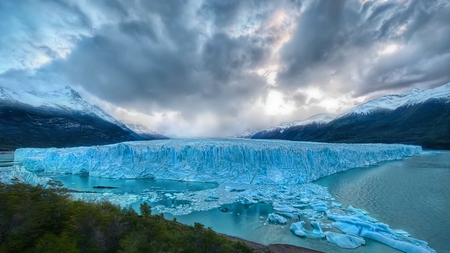 blue glacier - clouds, lake, mountains, glacier