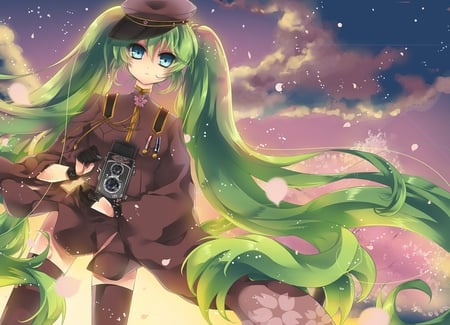 miku hatsune - night, stars, green hair, sky, uniform, blue eyes