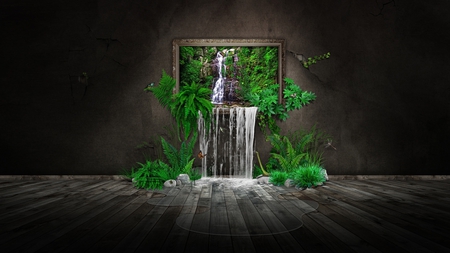 nature in house - room, picture, waterfall, plants